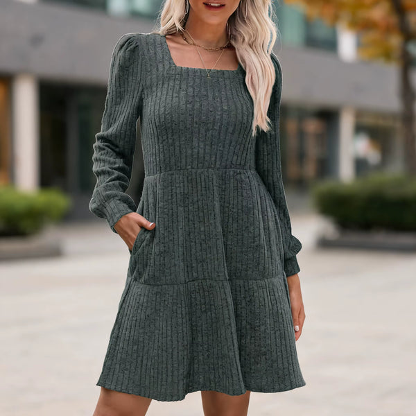 Square Neck Long Sleeve Dresses Mid Length Refined Commuter with Patchwork Elegant Daily Travel Mid Waist Autumn Women Dress